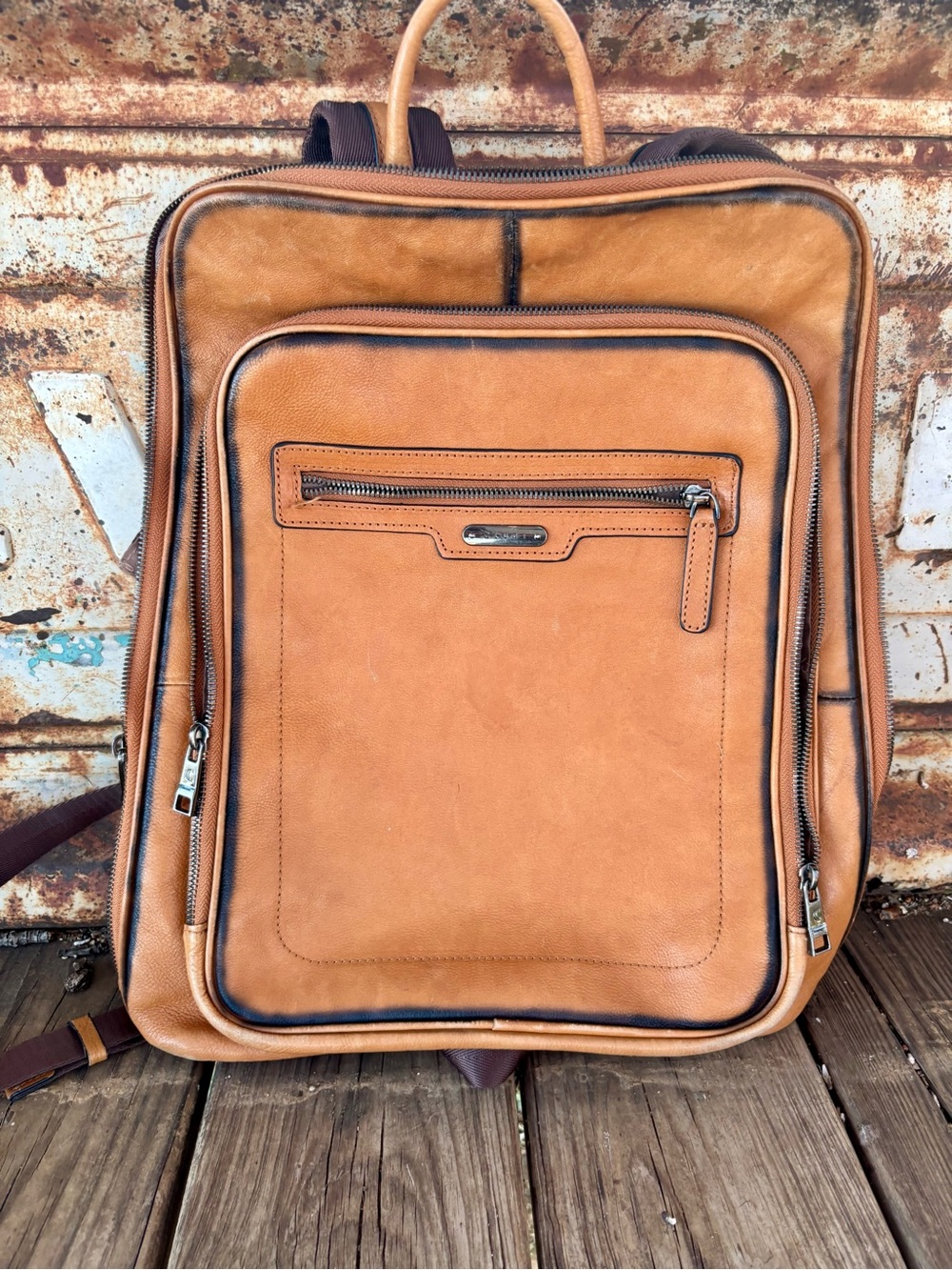 Men's Leather Backpack in Tan with Front Zip Pocket  Cluci Collection